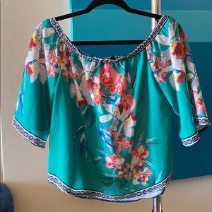 Colorful tropical print off shoulder crop top